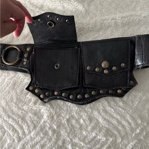 Utility Black Genuine Leather Studded Multi-pocket Belt